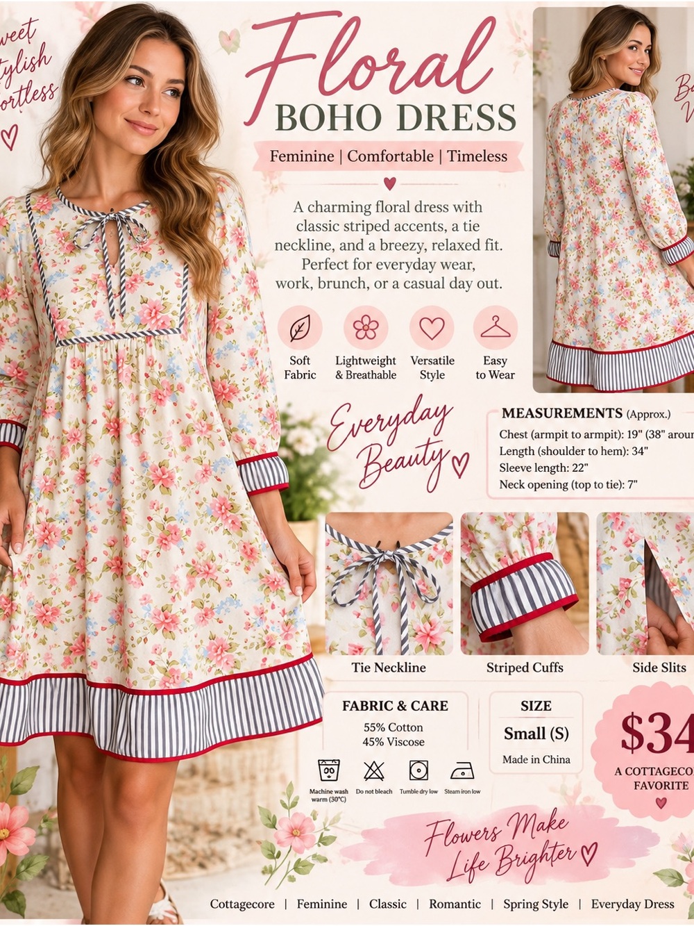 Cream Floral Midi Dress with Pink Rose Print